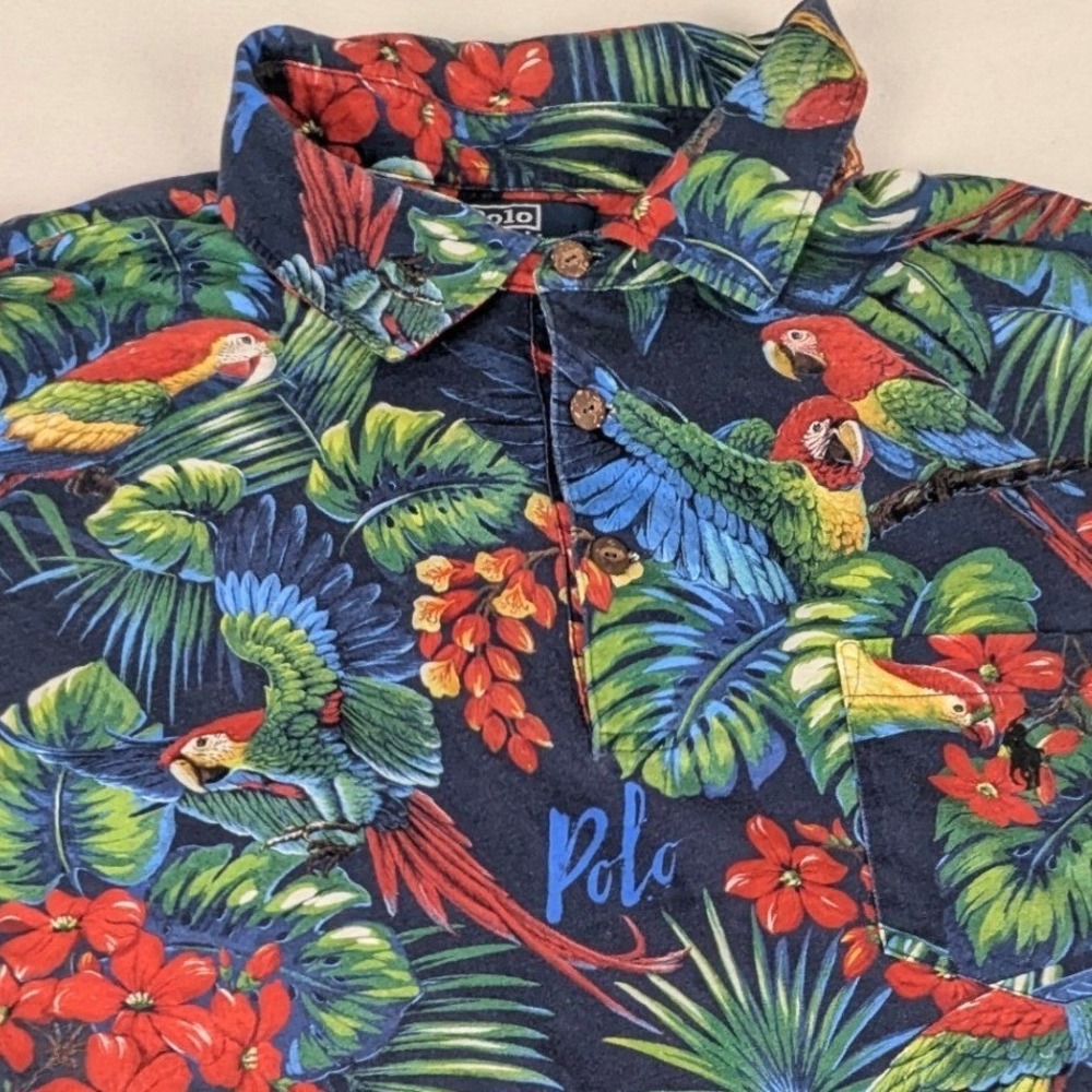 Polo Ralph Lauren Mens 2XB Navy Tropical Parrot Floral Mesh Polo Shirt Big Tall - Picture 2 of 16